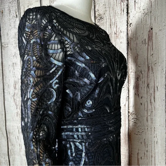 Tadashi Shoji Sequins Swirl Fitted Lace Long-Sleeve Cocktail Dress Size 2 EUC - Picture 6 of 16